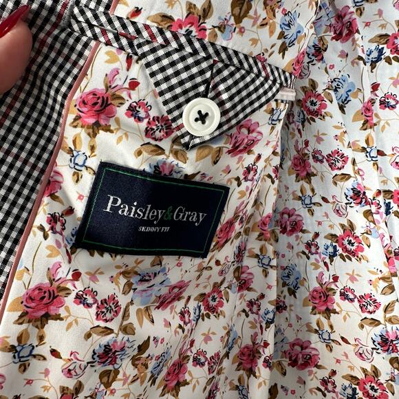 Paisley & Gray Mens Dover Notch Slim Fit Blazer Suit Jacket Black Red Check 40R - Picture 4 of 15